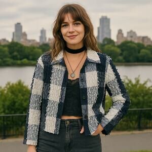 Plaid Textured Jacket Women’s Plus 2X Navy White Button Front New Directions